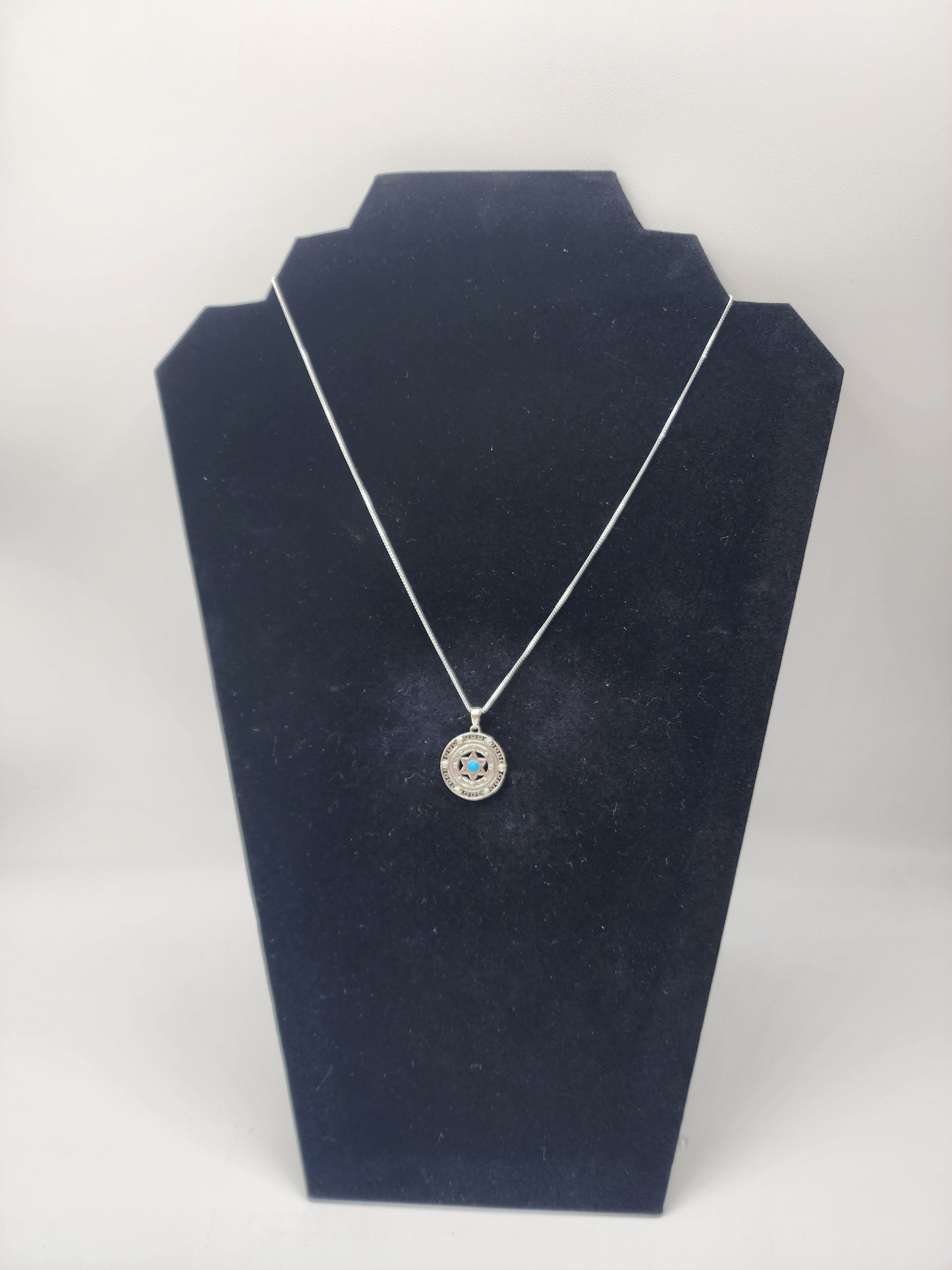 Sterling Silver Necklace- Star Of David 2.5 Cm With Small Turquoise Stone